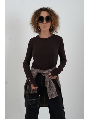 Koyu Kahve O Yaka Kolu Droplu Kazak