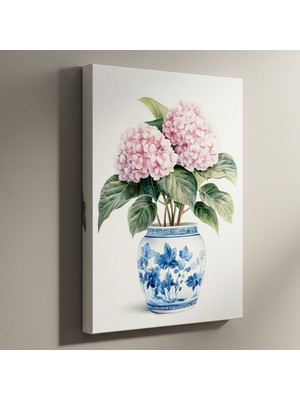 Çini Vazoda Pembe Ortanca Çiçekleri Suluboya Tablosu