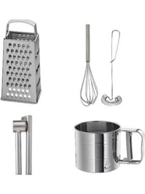 4 Lü Set, Idealısk Rende 2'li Çırpıcı Seti Frk Koncıs Çelik Sarımsak Ezici Un Eleği Kontef