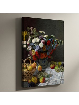 Claude Monet Tarzı Çok Çeşitli Çiçek ve Meyve Natürmort Tablosu