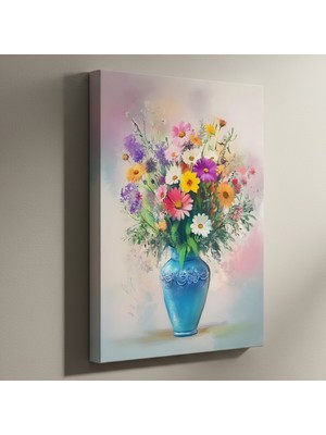 Çiçek Buketi Turkuaz Vazoda Suluboya Tablosu