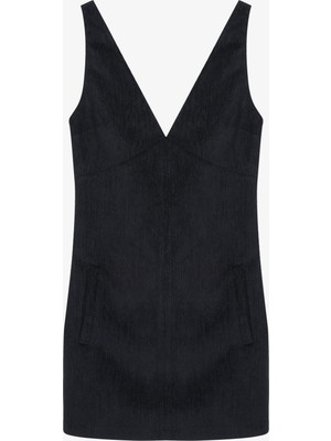 V Yaka Kadife Mini Elbise Lacivert