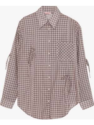 Ekose Bağcıklı Oversize Gömlek Kahverengi