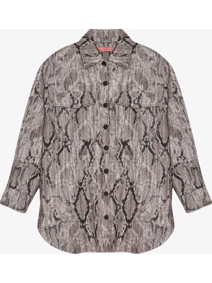 Yılan Desenli Oversize Gömlek Kahverengi