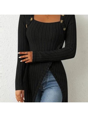 Miracotton Kadın Uzun Kollu Derin Kare Yaka Düğme Detay Şardonlu Kaşkorse Kruvaze Bluz