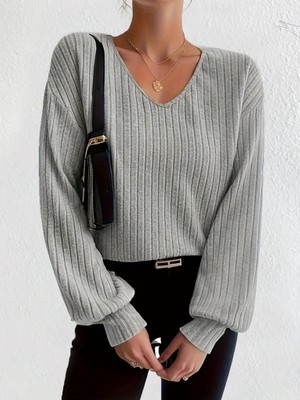 Arben Boutique Kadın Uzun Kollu V Yakalı Salaş Şardonlu Kaşkorse Bluz