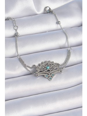 316L Çelik Gümüş Renk Mavi Taşlı Etnik Desen Kadın Bileklik - Lisinya