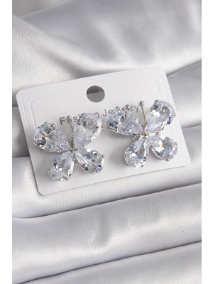 Pirinç Gümüş Renk Zirkon Taşlı Kelebek Model Kadın Küpe - Lisinya