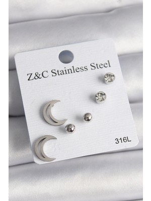 316L Çelik Gümüş Renk Zirkon Taşlı Hilal Model Kadın Küpe Seti - Lisinya