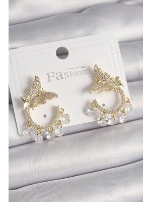 Pirinç Gold Renk Zirkon Taşlı Sallantı Detay Kelebek Model Kadın Küpe - Lisinya