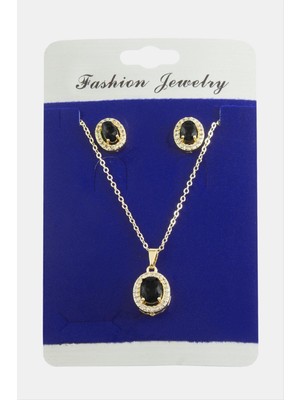 Sepetim Oval Zirkon Taşlı Set Kolye-Kırmızı