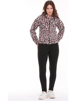 Kapüşonlu Fermuarlı Leopar Desen Üç Iplik Şardonlu Eşofman Üstü, Ceket