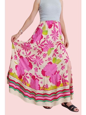 Viskon Kumaş Yırtmaçlı Çiçek Desenli Uzun Etek