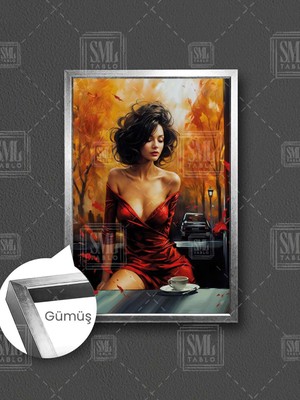 Kırmızı Elbiseli Sexy Kadın Sonbahar Dökülen Yapraklar Kahve Çerçeveli Dikey Kanvas Tablo
