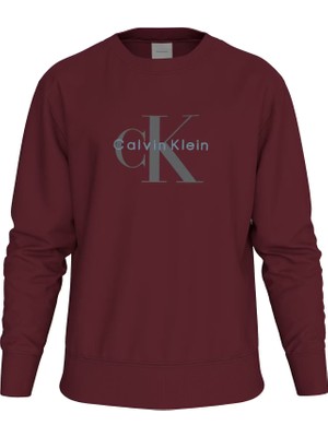 Erkek Bisiklet Yaka Monogram Logolu Pamuklu Sweatshirt - Bordo