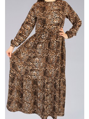 Leopar Desenli Viskon Kumaş Uzun Tesettür Elbise