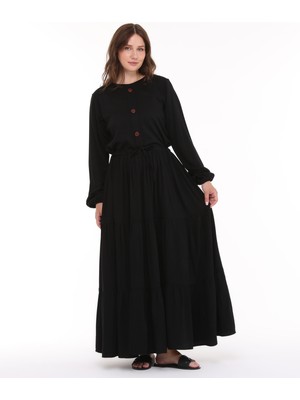 Viskon Kumaş Siyah Uzun Tesettür Elbise