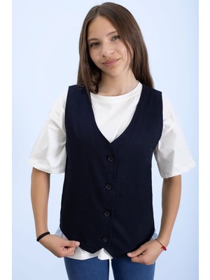 Lacivert Keten Düğmeli Yelekli Oversize Tişörtlü Kız Çocuk 2li Takım 21007