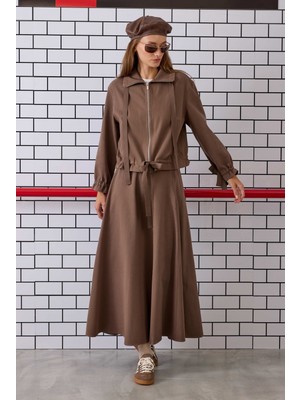 Parçalı Helen Etek Tozlu Kahve