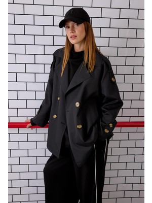 Kruvaze Kesim Trençkot Siyah