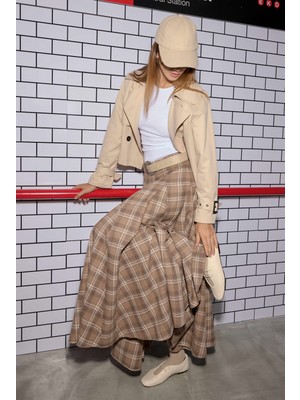 Volanlı Ekose Etek Bej