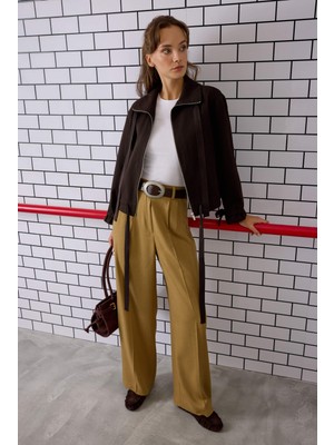 Pile Detaylı Palazzo Pantolon Camel