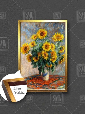 Vazoda Ay Çiçeği Buketi Günebakan Gündöndü Çerçeveli Dikey Kanvas Tablo