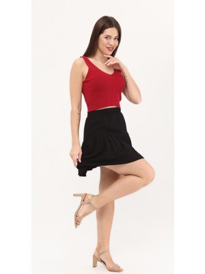 Siyah Belmando Midi Viskon Kumaş Şort Etek