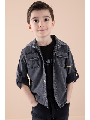 Cansın Mini Erkek Çocuk 2li Takım Füme Sırtı Baskılı Jean Gömlekli Tişört Polo Yaka Regular