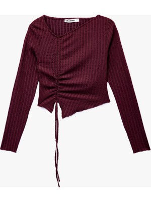 Asimetrik Yaka Slim Fit Büzgülü Uzun Kollu Tişört
