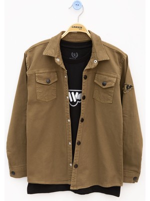 Kahve Keten Gömlekli Bisiklet Yaka Baskılı Tişörtlü Erkek Çocuk 2li Takım 20257