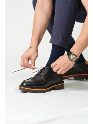 Italyan Model Hakiki Deri Erkek Kahve Turuncu Çizgili Casual Ayakkabı