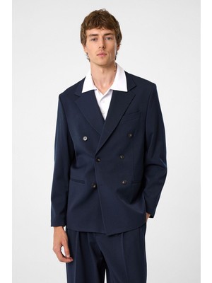 Antioch Lacivert Relax Fit Kruvaze Erkek Blazer Ceket