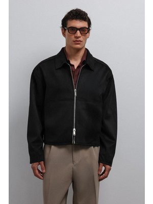 Antioch Siyah Fermuarlı Suni Süet Erkek Mont