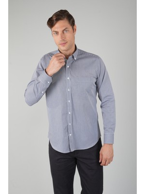 Bisse Erkek Uzun Kollu Italyan Yaka Siyah Çizgili Pamuk Gömlek GMEKS252113_99