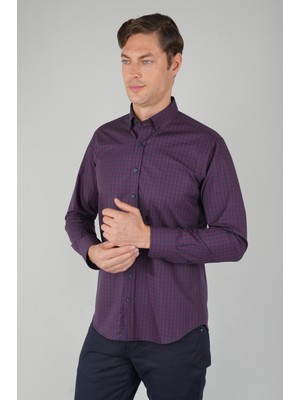 Bisse Erkek Regular Fit Uzun Kollu Kareli Gömlek Bordo Lacivert GMEKS252033_E39