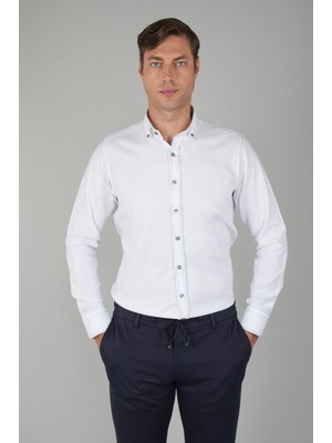 Bisse Erkek Uzun Kollu Regular Fit Haki Dikişli Beyaz Gömlek GMOKS252137_D01