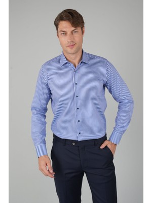 Bisse Erkek Uzun Kollu Çizgili Pamuk Mavi Çıtçıtlı Gömlek BSGMCZG252083_36
