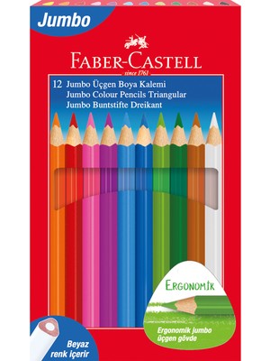 Faber-Castell Jumbo Üçgen Boya Kalemi, 12 Renk, Ergonomik Gövde, Beyaz Renk İçerir, Kalın Uçlu