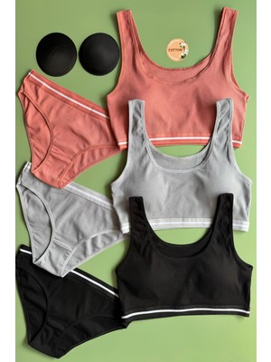 Soleya 3'lü Pamuklu Kaşkorse Kumaş Kadın Pedli Yarım Atlet ve Üçgen Külot Takımı