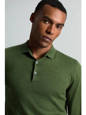 Merino Yünü Polo Yaka Açık Yeşil Triko