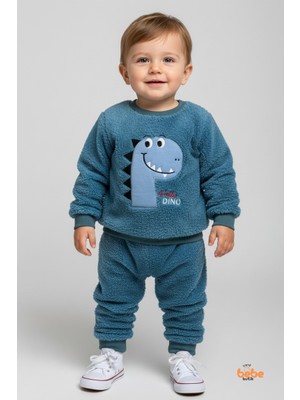 Erkek Çocuk Dinozor Nakışlı 2’li Peluş Polar Pijama Takımı Ev ve Günlük Giyim Seti Eşofman Takımı