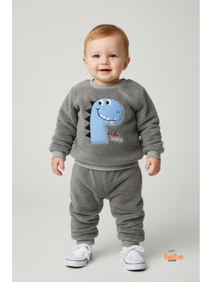 Erkek Çocuk Dinozor Nakışlı 2’li Peluş Polar Pijama Takımı Ev ve Günlük Giyim Seti Eşofman Takımı