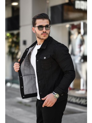 Erkek Trend Polo Yaka Slim Fit Denim Jeans Siyah Kot Ceket