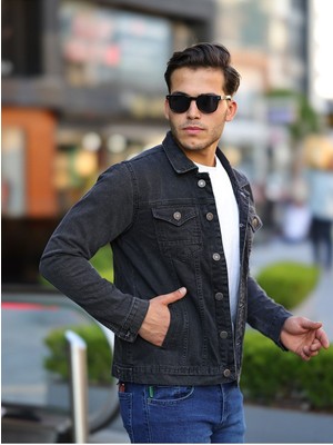 Comstar Erkek Antrasit Kot Ceket Slim Fit Denim Jeans Polo Yaka Pamuklu Cepli Günlük Stil