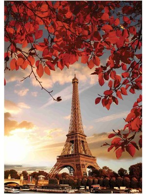 Sonbahar Da Kırmızı Yapraklar Ile Eyfel Kulesi Görseli 1000 Parça Ahşap Puzzle (Mdf) Yapboz