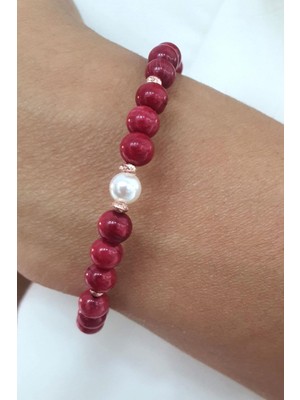 Dogal Inci ve Mercan Taşlı 925AYAR Gümüş Üzerine Altın Kaplama Ara Parçalı Doğal Taş Bileklik