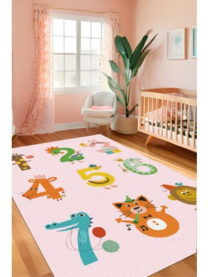 The Reef Design Pembe Renkli Hayvanlı Sayılar Halısı Dijital Baskılı Dokuma Kaymaz Tabanlı Yıkanabilir Antre Halısı Antialejik Çocuk Odası  Halısı