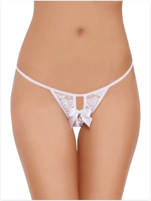 Fantezi Arkası Açık Fiyonklu Beyaz Dantel String - Tanga BRF270022