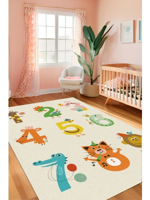 The Reef Design Renkli Hayvanlı Sayılar Halısı Dijital Baskılı Dokuma Kaymaz Tabanlı Yıkanabilir Antre Halısı Antialejik Çocuk Odası  Halısı